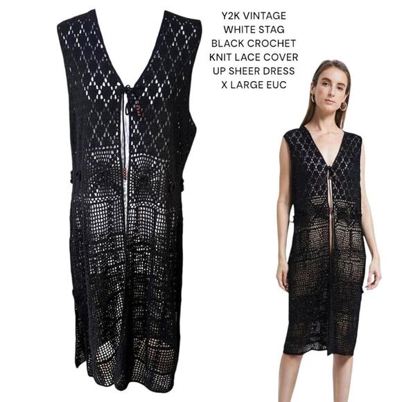 Y2K VINTAGE WHITE STAG BLACK CROCHET KNIT LACE SHEER COVER UP DRESS X LARGE EUC - Picture 1 of 7
